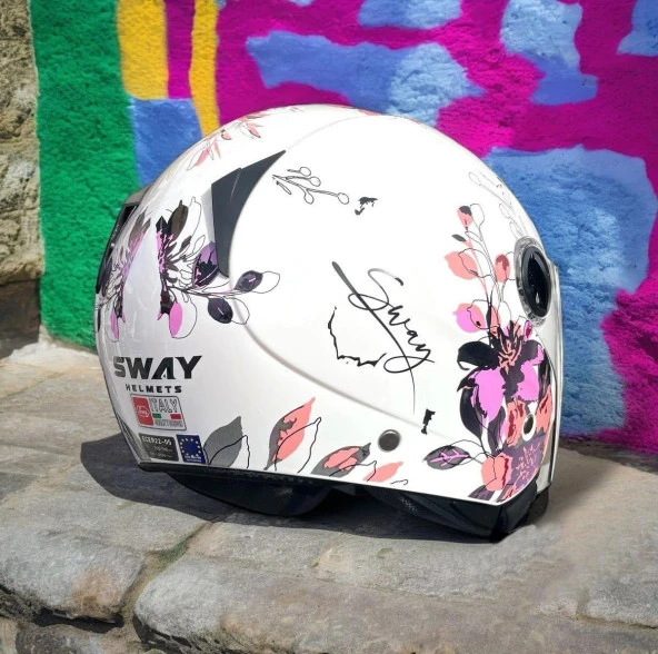 Sway 715 Şeffaf Vizörlü Yarım Motosiklet Scooter Kaskı XS Beden Iris White Pink - Resim 2