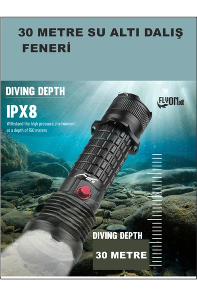 Profesyonel Su Altı Ve Dalış Feneri Suya Dayanıklı El Feneri Şarj Edilebilir, IPX8 Su Geçirmez - 5