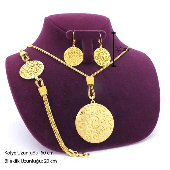 Altın Kaplama Yuvarlak Kolye Küpe Bileklik Set SET-109 - 3