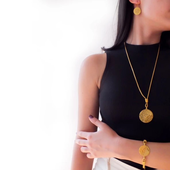 Altın Kaplama Yuvarlak Kolye Küpe Bileklik Set SET-109 - 2