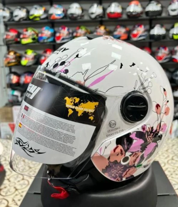 Sway 715 Şeffaf Vizörlü Yarım Motosiklet Scooter Kaskı S Beden Iris White Pink - 6