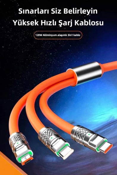 Şarj Kablosu 3 'in 1 Type-C + Micro Usb + Lightning Hızlı Şarj Silikon Kablo 1 Metre Kablo - 12