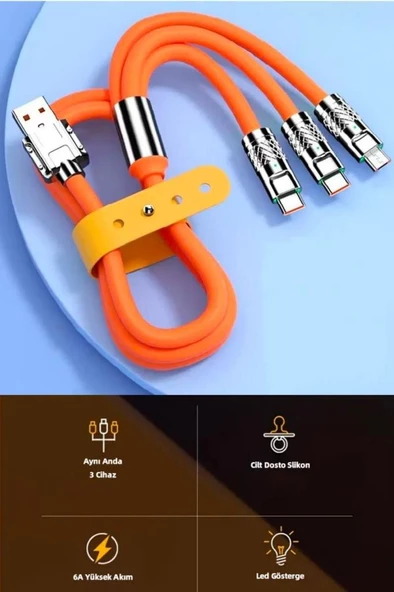 Şarj Kablosu 3 'in 1 Type-C + Micro Usb + Lightning Hızlı Şarj Silikon Kablo 1 Metre Kablo - 10