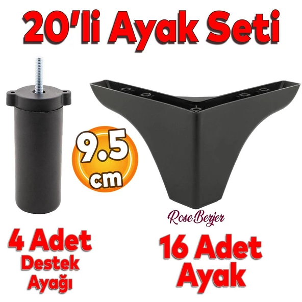 20'li Set Rose Berjer Mobilya Koltuk Kanepe Tv Ünitesi Yükseltme Destek Ayağı 9.5 cm Siyah Ayakları