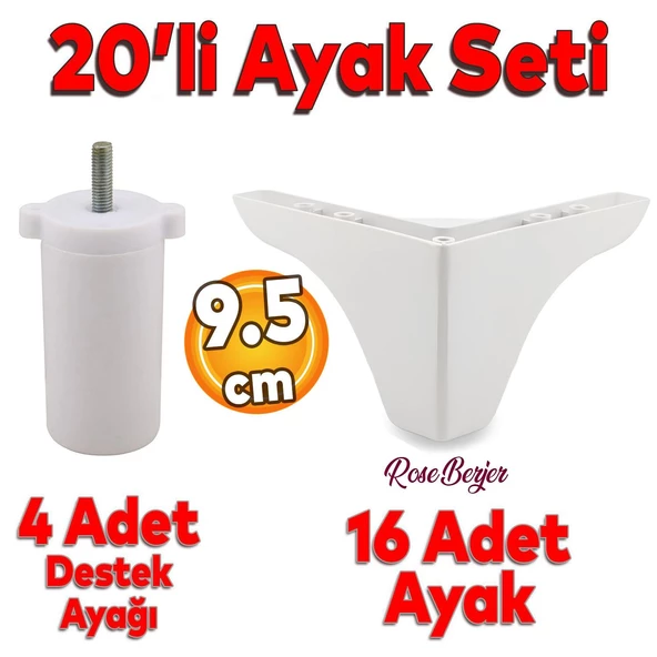 20'li Set Rose Berjer Mobilya Koltuk Kanepe Tv Ünitesi Yükseltme Destek Ayağı 9.5 cm Beyaz Ayakları