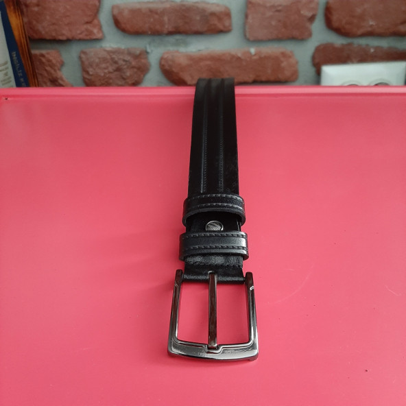 Erkek Kemer 3,5 Cm. Desenli Siyah Hakiki Deri (Vejetal Dana Derisi) Gvn-0053 - 3