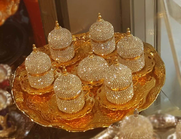 Lunaev Kristal Taşlı Gold Kahve Fincanı Lokumluk Seti
