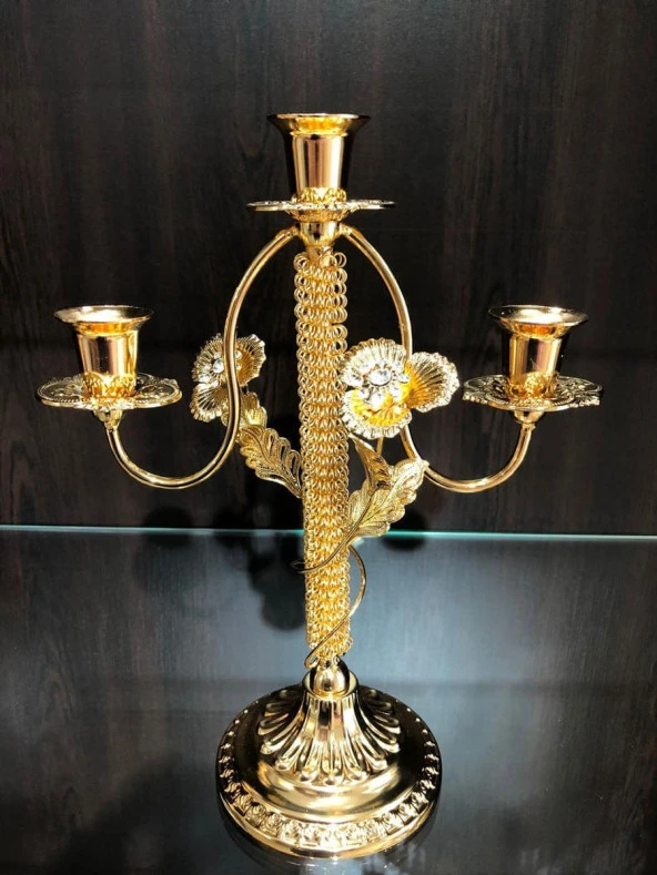 Lunaev Gold Kristal Taşlı Jumbo Üçlü Mumluk Şamdan lkm017