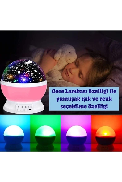 Yıldızlı Gökyüzü Gece Lambası – Dönen Başlıklı, Projeksiyonlu, USB veya Pilli Renkli LED Lamba - 5