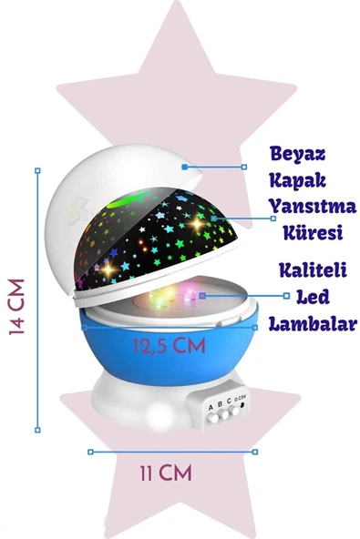 Yıldızlı Gökyüzü Gece Lambası – Dönen Başlıklı, Projeksiyonlu, USB veya Pilli Renkli LED Lamba - 2