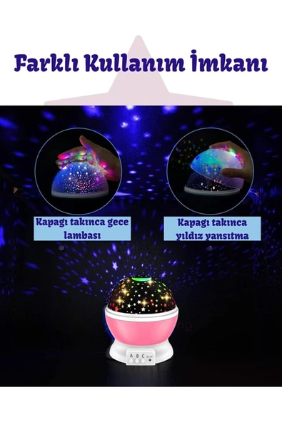 Yıldızlı Gökyüzü Gece Lambası – Dönen Başlıklı, Projeksiyonlu, USB veya Pilli Renkli LED Lamba - 6