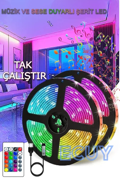 Rgb Şerit Led Müziğe Duyarlı Ritimle Uyumlu Uzaktan Kumandalı Yapışkanlı Led 3metre Tak-çalıştır