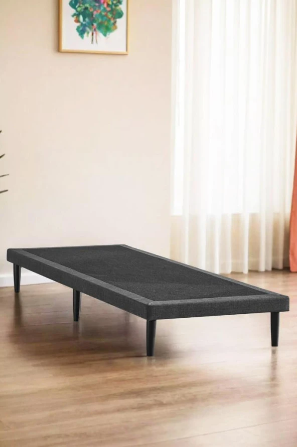 Niron Slim Karyola 100x200 Tek Kişilik Baza, Metal İskeletli Yüksek Ayaklı Koyu Gri Keten Kumaşlı
