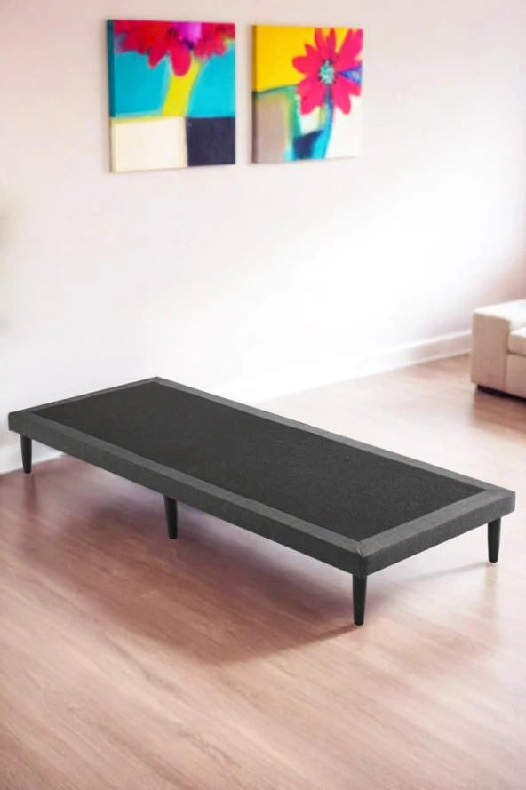 Niron Slim Karyola 100x200 Tek Kişilik Baza, Metal İskeletli Yüksek Ayaklı Koyu Gri Keten Kumaşlı - 2