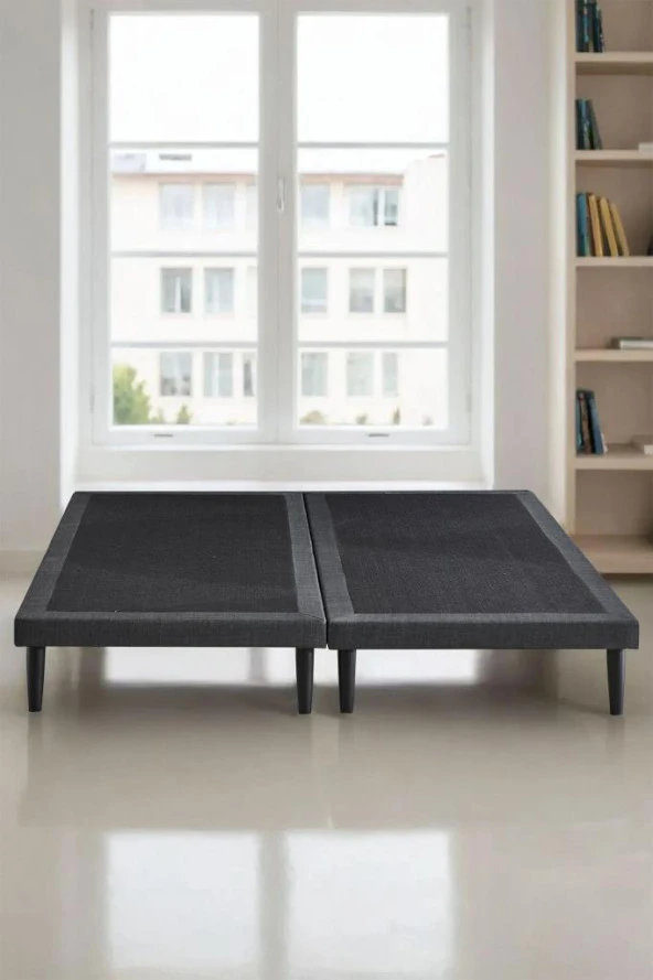 Niron Slim Karyola 140x190 Çift Kişilik Baza, Metal İskeletli Yüksek Ayaklı Koyu Gri Keten Kumaşlı - 2