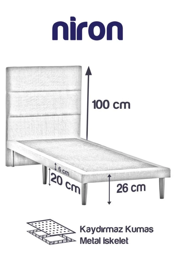 Niron Slim Baza ve Başlık Takımı 160x200 Çift Kişilik Gri Kumaş Kaplı Metal Karyola ve Başlık Seti