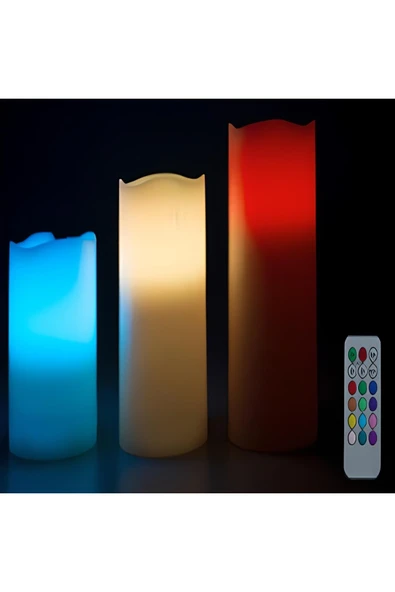 Rgb Led Mum 3 Farklı Boy Kumandalı Yanma Efekti Renk Değişimi Gerçek Bal Mum Dekoratif Işıklı Mum - 5