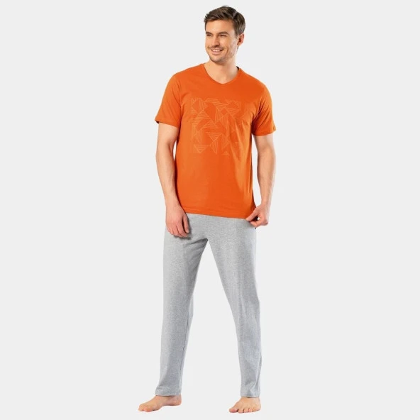 Cacharel Erkek Baskılı V Yaka Pantolon Pijama Takım 2198/Kiremit