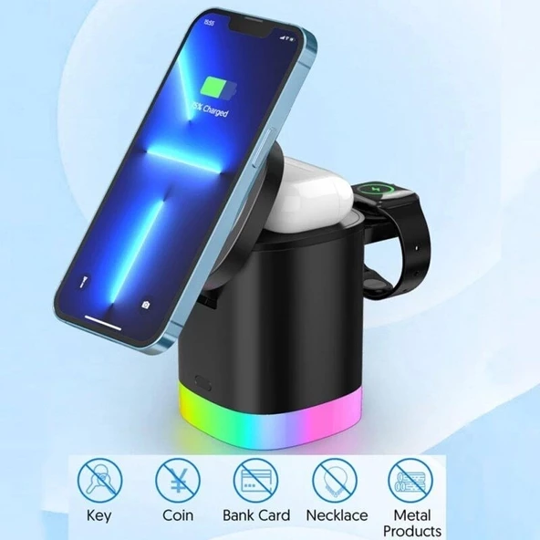 Acl AW13 Magsafe Uyumlu 3'ü 1 Arada Kablosuz Şarj Cihazı  Telefon 15W Saat ve Kulaklık Desteği  RGB Işıklı - 3