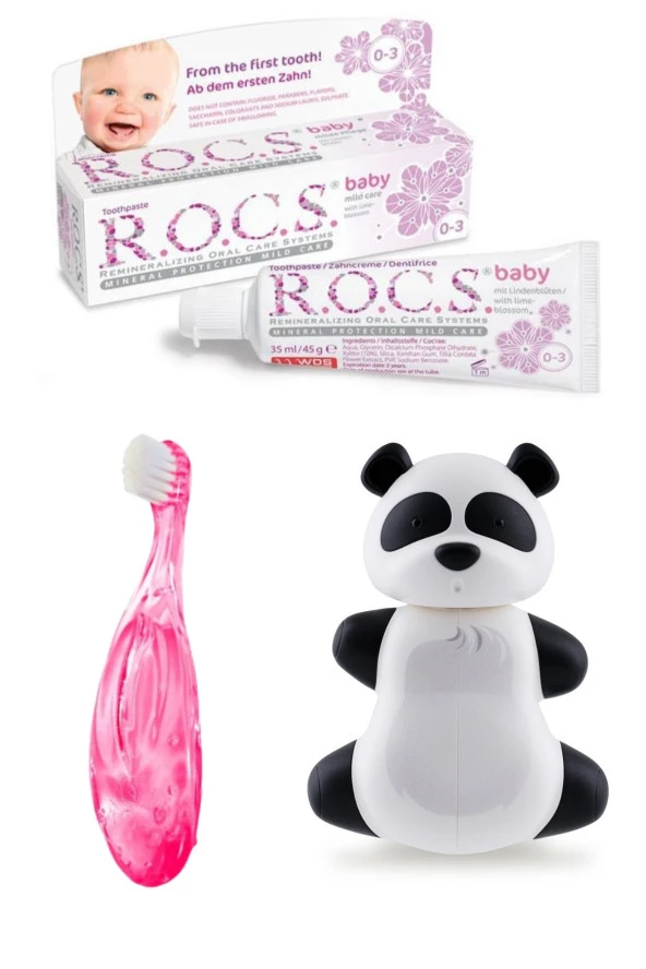 Rocs Baby Komple Ağız Bakım Seti - Bebek Diş Macunu + Bebek Diş Fırçası + Flipper Saklama Panda