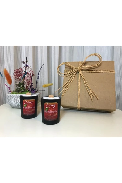 Hediyelik Mum Çilek Aromalı Ahşap Fitilli Hediye Kutulu El Yapımı Dekoratif Doğal 2 Adet Mumluk - 3