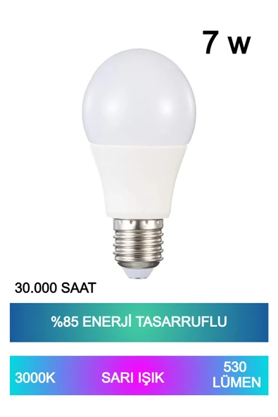 Sarı Işık LED Ampul – 7W E27 Duy, %85 Enerji Tasarruflu, 220° Açılı, 30.000 Saat Kullanım Ömürlü