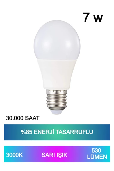 Sarı Işık Led Ampul 7w %85 Enerji Tasarruflu E27 Duy Led Ampul 220° Açılı 30.000 Saat Kullanım