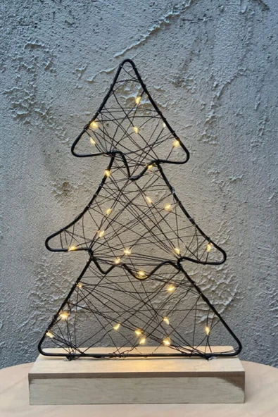 Ahşap Standlı Işıklı Metal Çerçeveli Fairy Led Örme Çam Ağaç Şekil Aydınlatma Hediyelik Gece Lambası - 3