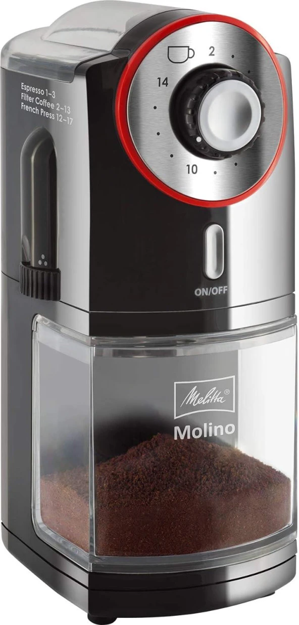 Melitta Molino kahve değirmeni, 1019-01, elektrikli kahve değirmeni, düz öğütme diski, siyah/kırmızı, CD – kırmızı mat