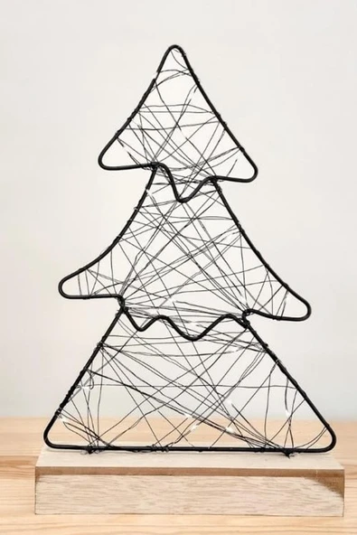 Ahşap Standlı Işıklı Metal Çerçeveli Fairy Led Örme Çam Ağaç Şekil Aydınlatma Hediyelik Gece Lambası - 2