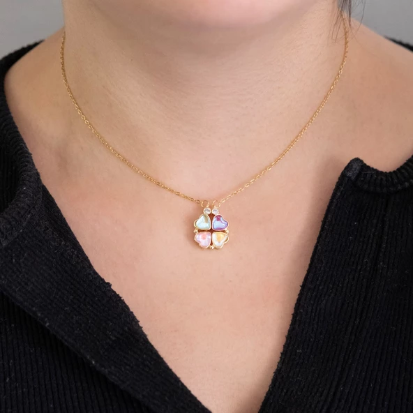 Altın Kaplama Renkli Taşlı Açılabilir Yonca Kolye KLY-568 - Resim 2