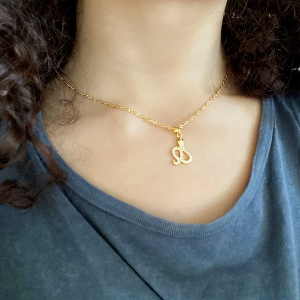 Çelik Kolye, Yılan Kolye Altın Kaplama, Zirkon Taşlı Kolye KLY-317 - 2