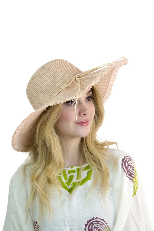 Kadın Geniş Kenarlı Hasır Şapka 1299 pembe