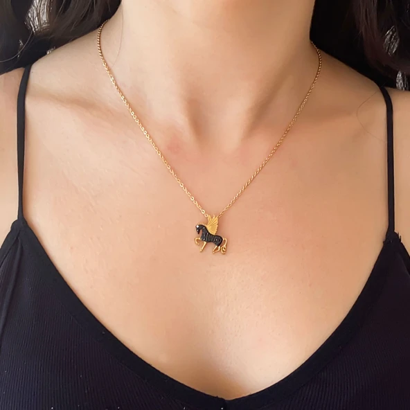 Çelik Kolye, Zirkon Taşlı Kolye, Altın Kaplama At Kolye KLY-265 - Resim 2