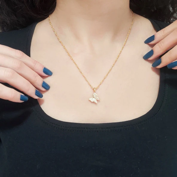 FerizZ Altın Kaplama Zincir Zirkon Taşlı Kelebek Kadın Kolye KLY-228 - 2