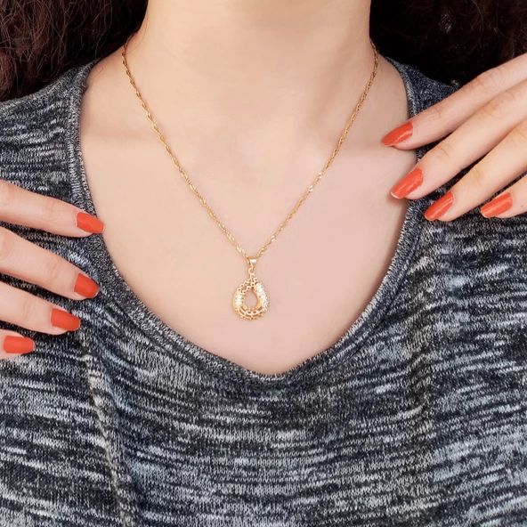 Çelik Kolye, Su Damla Kolye, Altın Kaplama Kadın Kolye KLY-316 - Resim 2