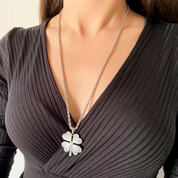 316L Çelik Büyük Yonca Kadın Kolye KLY-459 - Resim 2