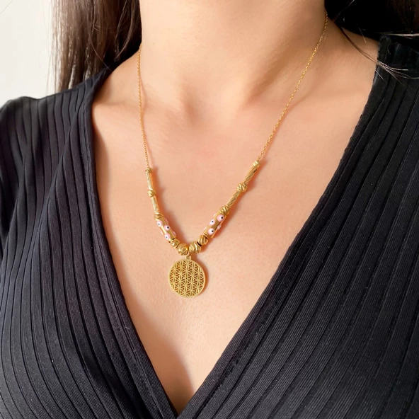 Altın Kaplama Pembe Nazar Boncuklu Yaşam Çiçeği Kadın Kolye KLY-458 - Resim 2