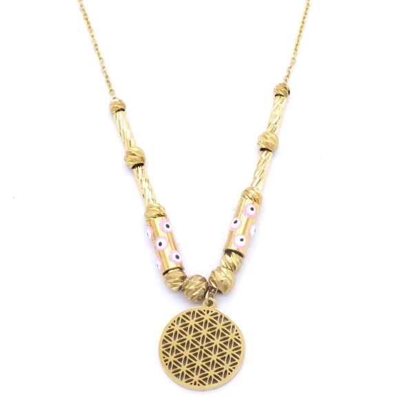 Altın Kaplama Pembe Nazar Boncuklu Yaşam Çiçeği Kadın Kolye KLY-458 ürün görseli