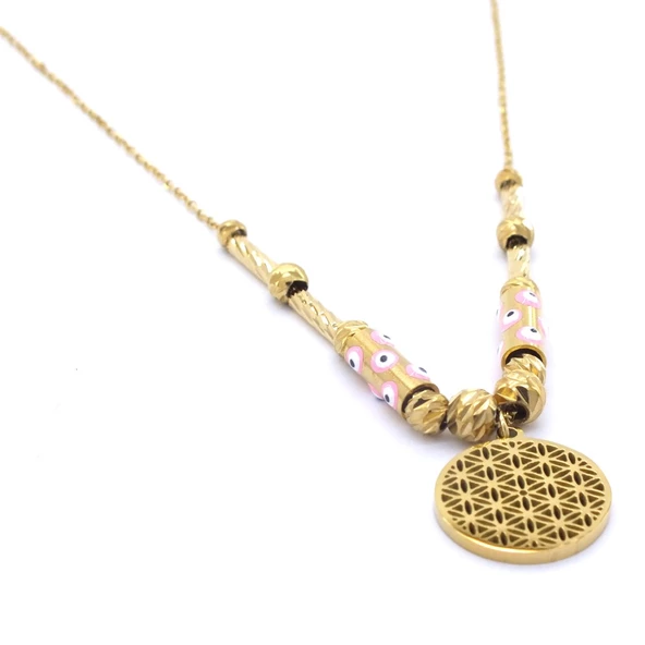 Altın Kaplama Pembe Nazar Boncuklu Yaşam Çiçeği Kadın Kolye KLY-458 - Resim 3
