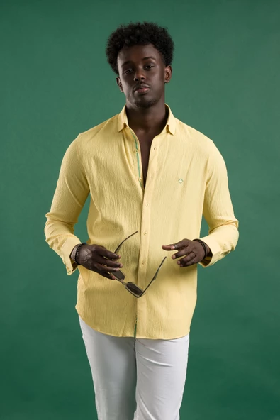 Paul Martin Regular Fit Garnili Yaka Gizli Düğmeli Yazlık Gofre Kumaş Gömlek - Resim 9