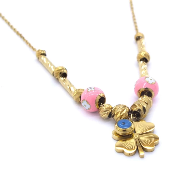 Altın Kaplama Pembe Boncuklu Yonca Kolye 45 cm KLY-452 - 3