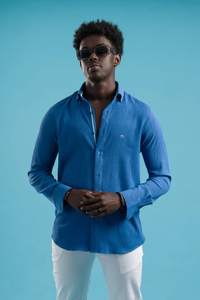 Paul Martin Regular Fit Garnili Yaka Gizli Düğmeli Yazlık Gofre Kumaş Gömlek - Resim 3