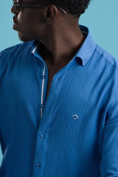 Paul Martin Regular Fit Garnili Yaka Gizli Düğmeli Yazlık Gofre Kumaş Gömlek - Resim 5