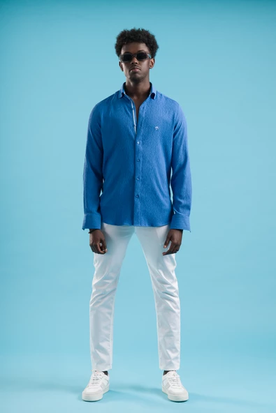 Paul Martin Regular Fit Garnili Yaka Gizli Düğmeli Yazlık Gofre Kumaş Gömlek - Resim 2