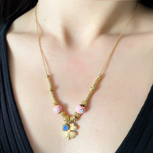 Altın Kaplama Pembe Boncuklu Yonca Kolye 45 cm KLY-452 - 2
