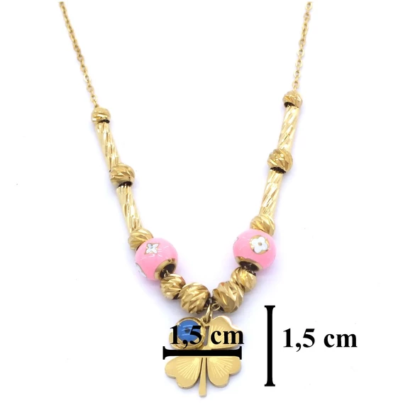 Altın Kaplama Pembe Boncuklu Yonca Kolye 45 cm KLY-452 - 4