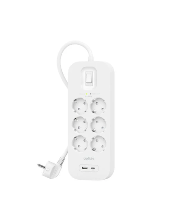 Belkin USB-C ve USB-A Bağlantı Noktalı Aşırı Gerilim Koruyucu (1 USB-C ve 1 USB-A ile 6 Çıkış)