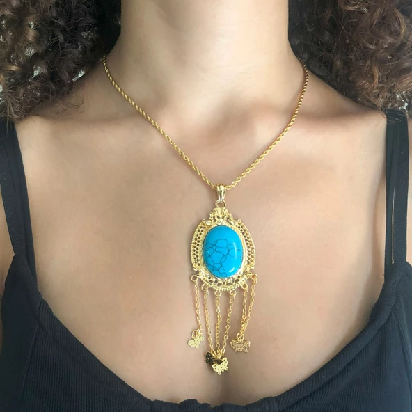 Altın Kaplama Firuze Taşlı Akıtma Kelebek Detaylı 60 CM Kolye KLY-497 - Resim 2