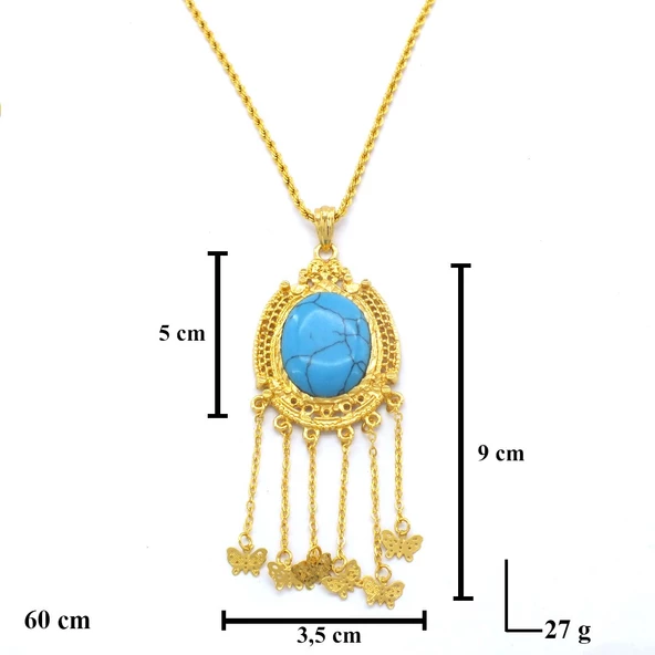 Altın Kaplama Firuze Taşlı Akıtma Kelebek Detaylı 60 CM Kolye KLY-497 - Resim 4